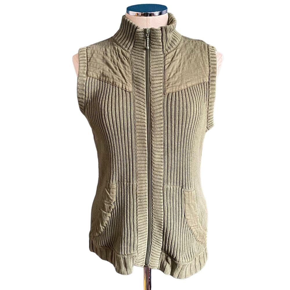 Woolrich Women’s Olive Green Knit Quilted Sleeveless Zip Up Vest Size Medium